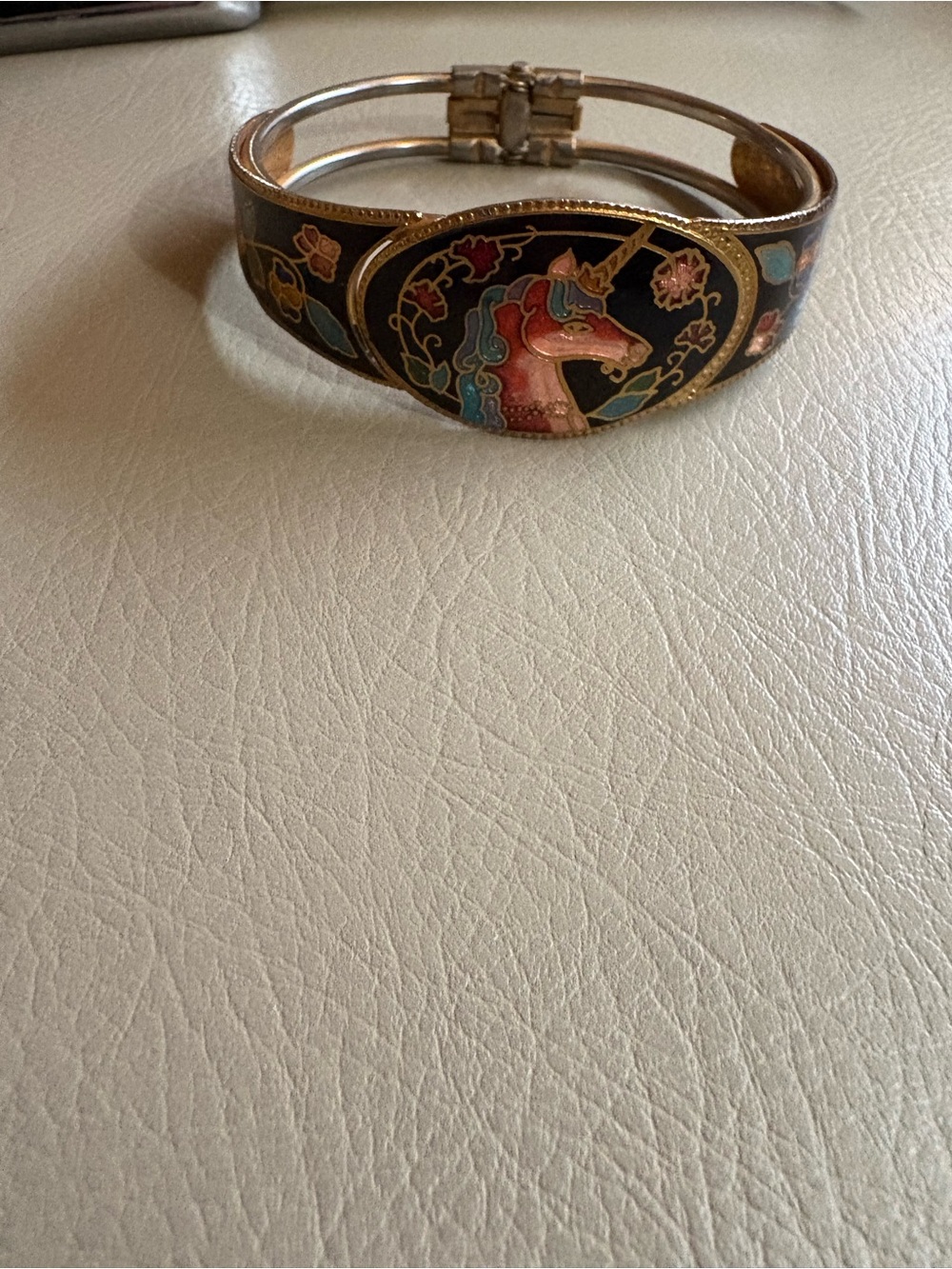 VTG 80s Cloisonne Unicorn Bracelet - Whimsical Enamel Hinged Bangle